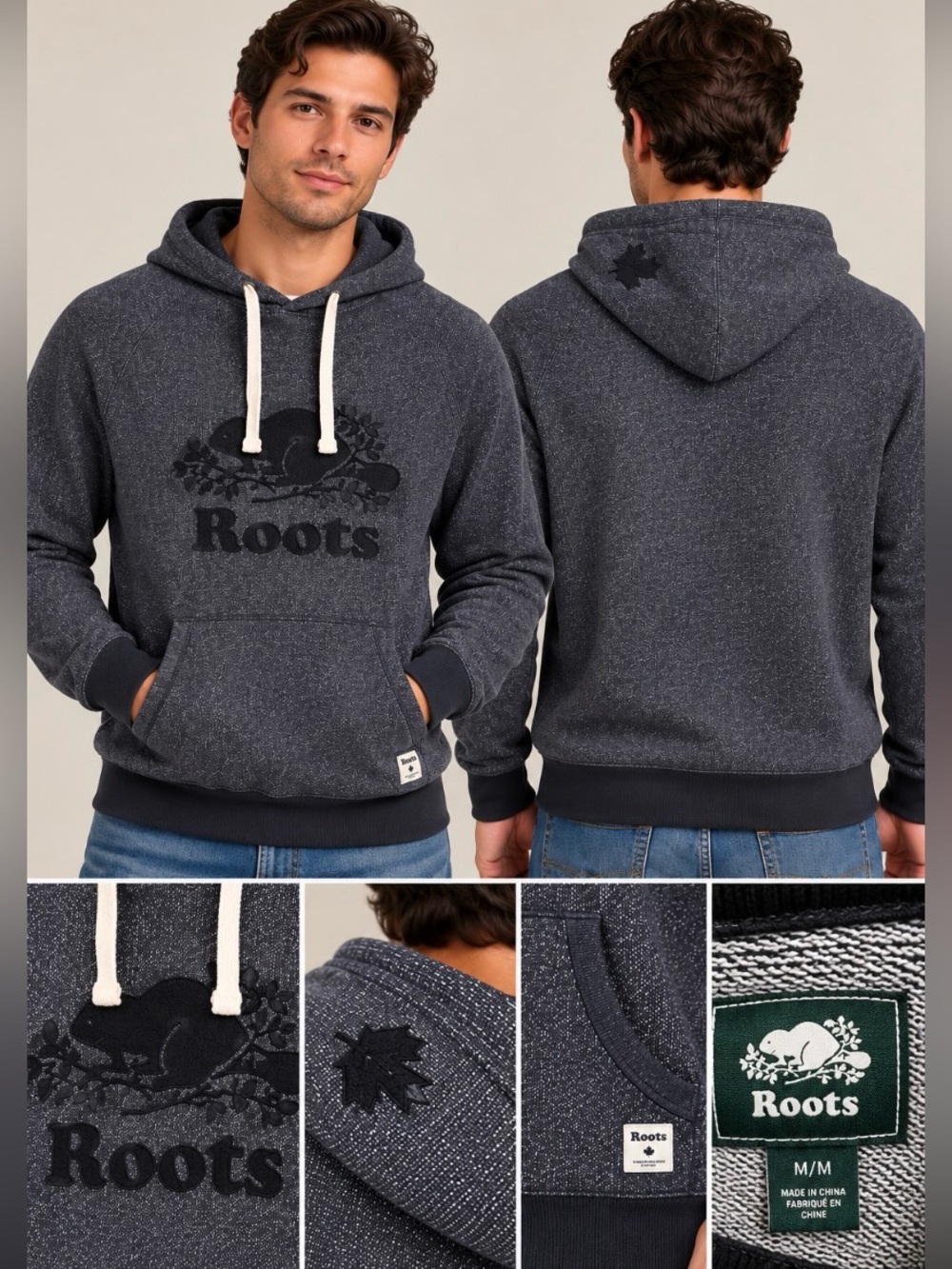 Roots Mens Original Kanga Hoodie M Salt Pepper Charcoal Beaver Logo